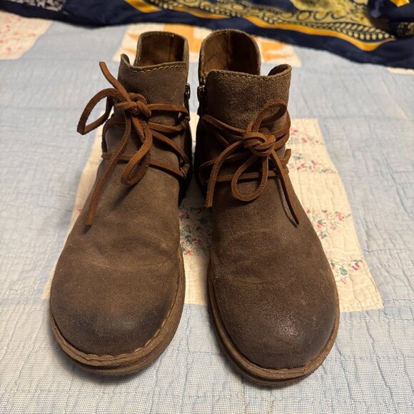BORN Caylin 8 Women Ankle Boot Brown Leather Laces Distressed Suede pre-owned - Picture 1 of 8